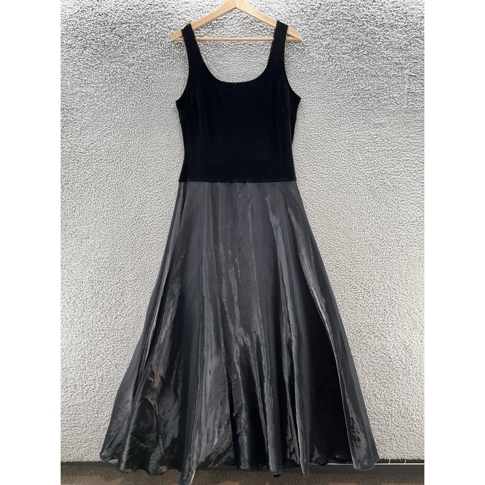 VTG 90s Y2K Cachet Dress 8 Tall Black Velvet Taffeta Goth Princess Event Gown